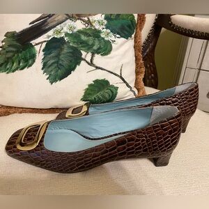 Frances Valentine Brown and Gold Heels with Crocodile Texture